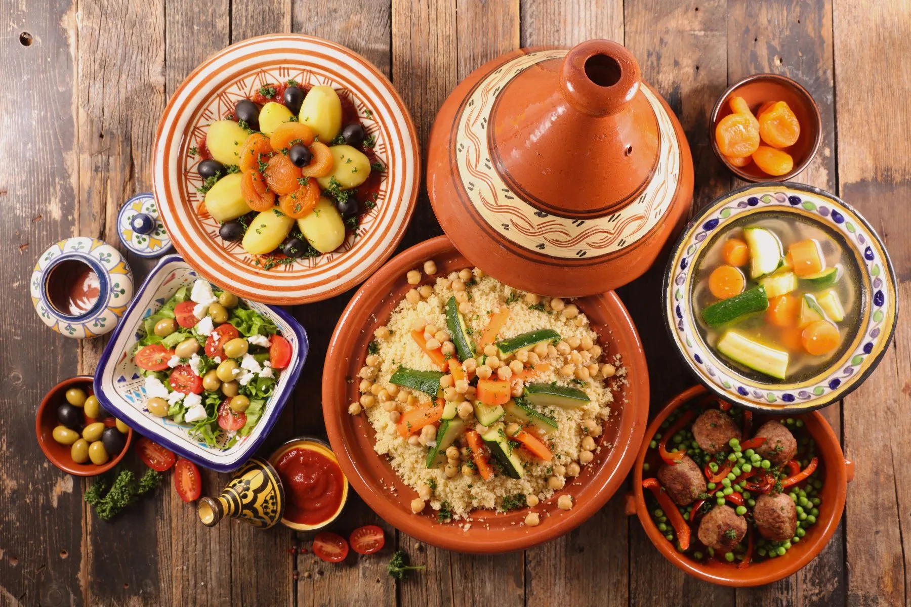 Generous platter of traditional Moroccan couscous topped with seven vegetables and chickpeas