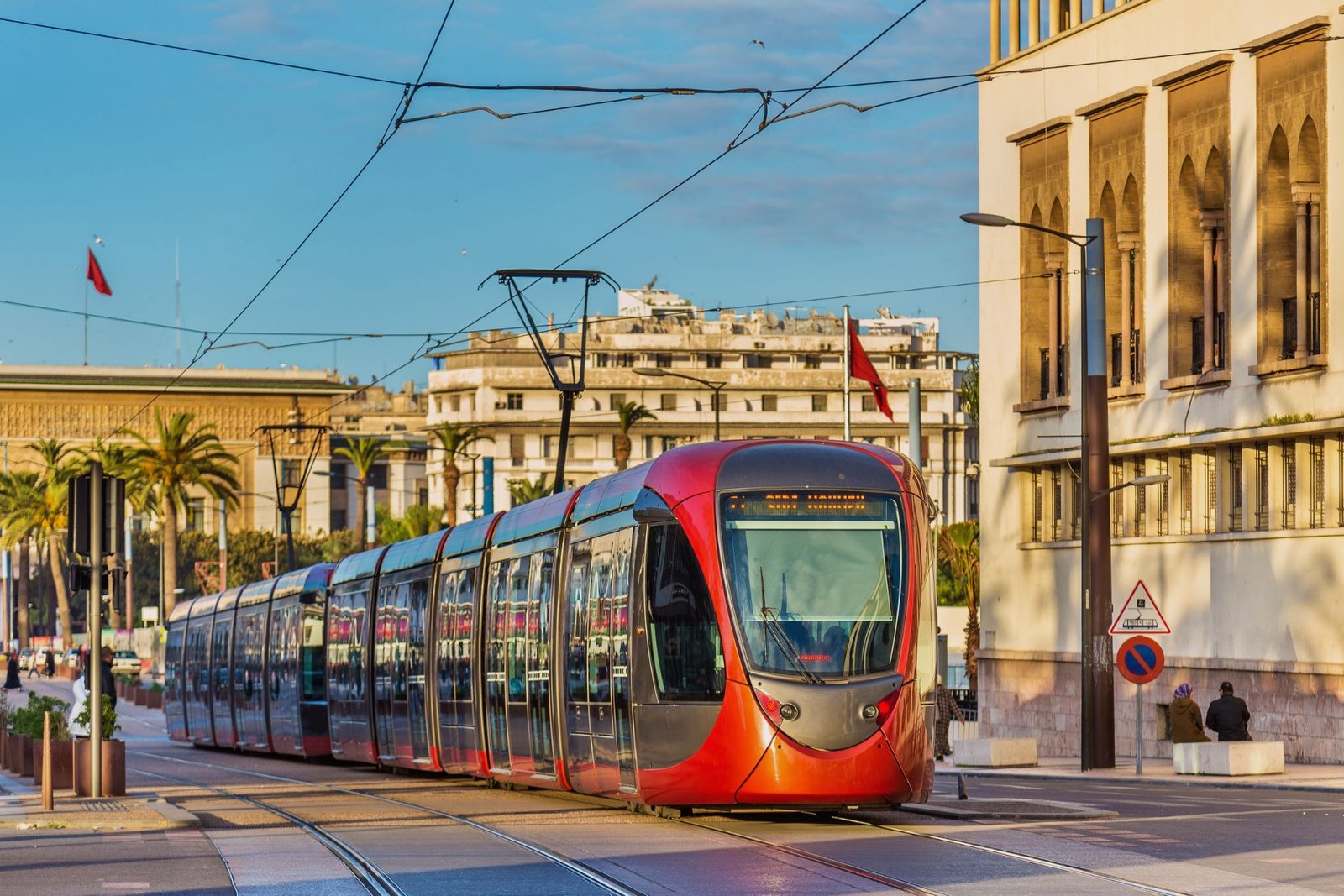 Modern tramway moving through downtown street near top places to visit in Casablanca Morocco