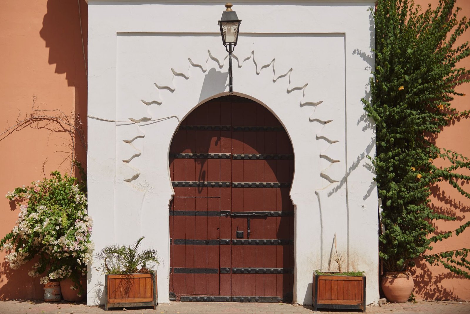 Traditional wooden Moroccan door set within a white horseshoe archway