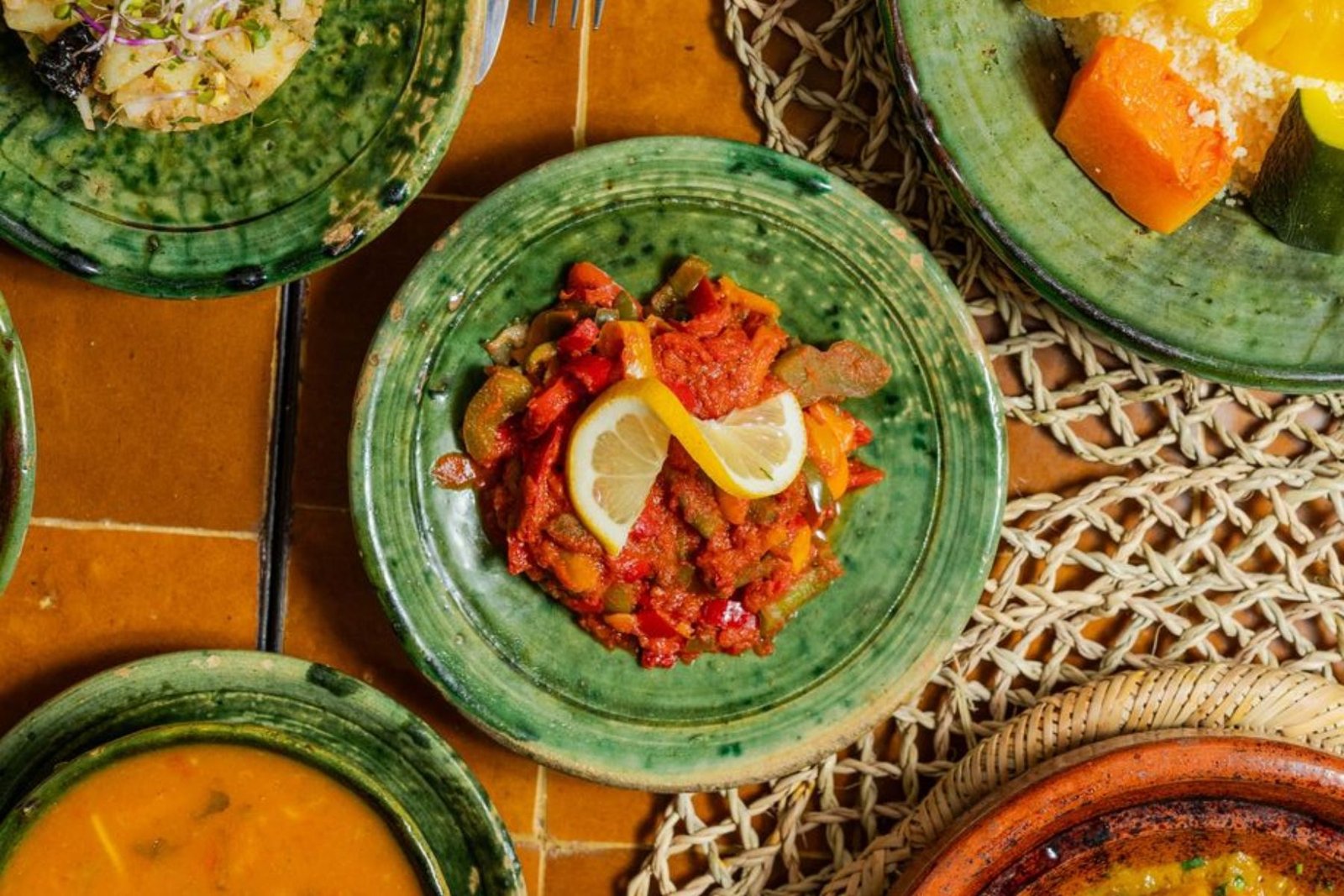 Moroccan food served in traditional dishes in Marrakech