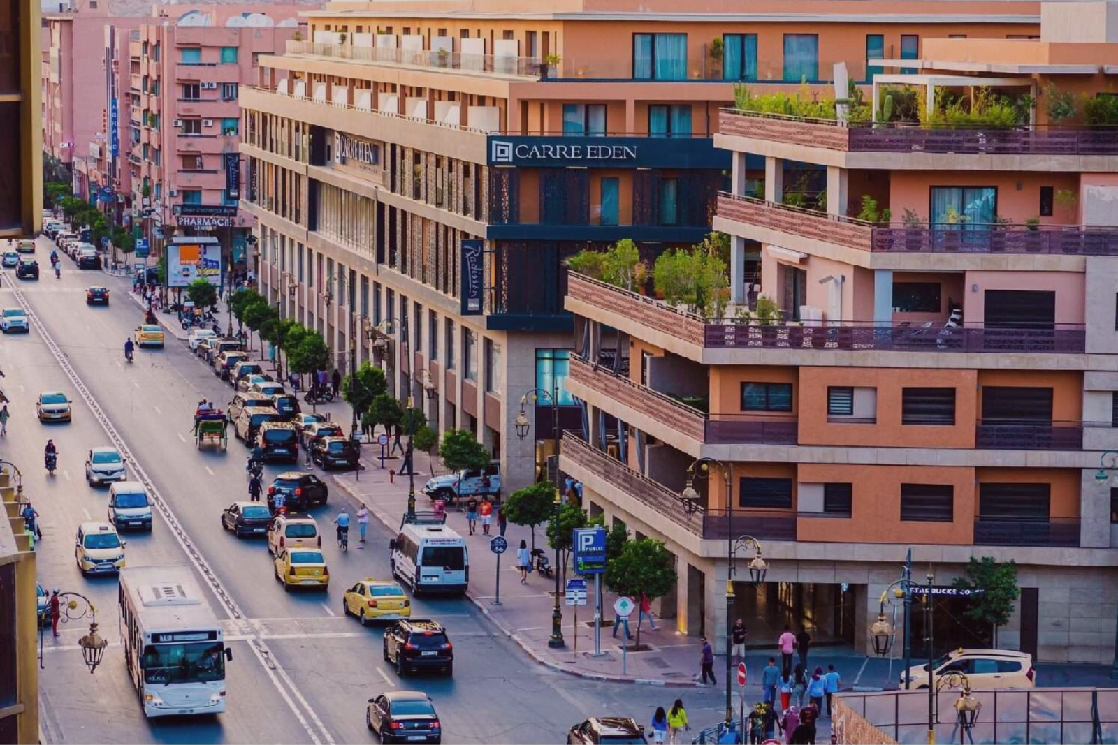 Aerial view of Guéliz Marrakech with its iconic red buildings