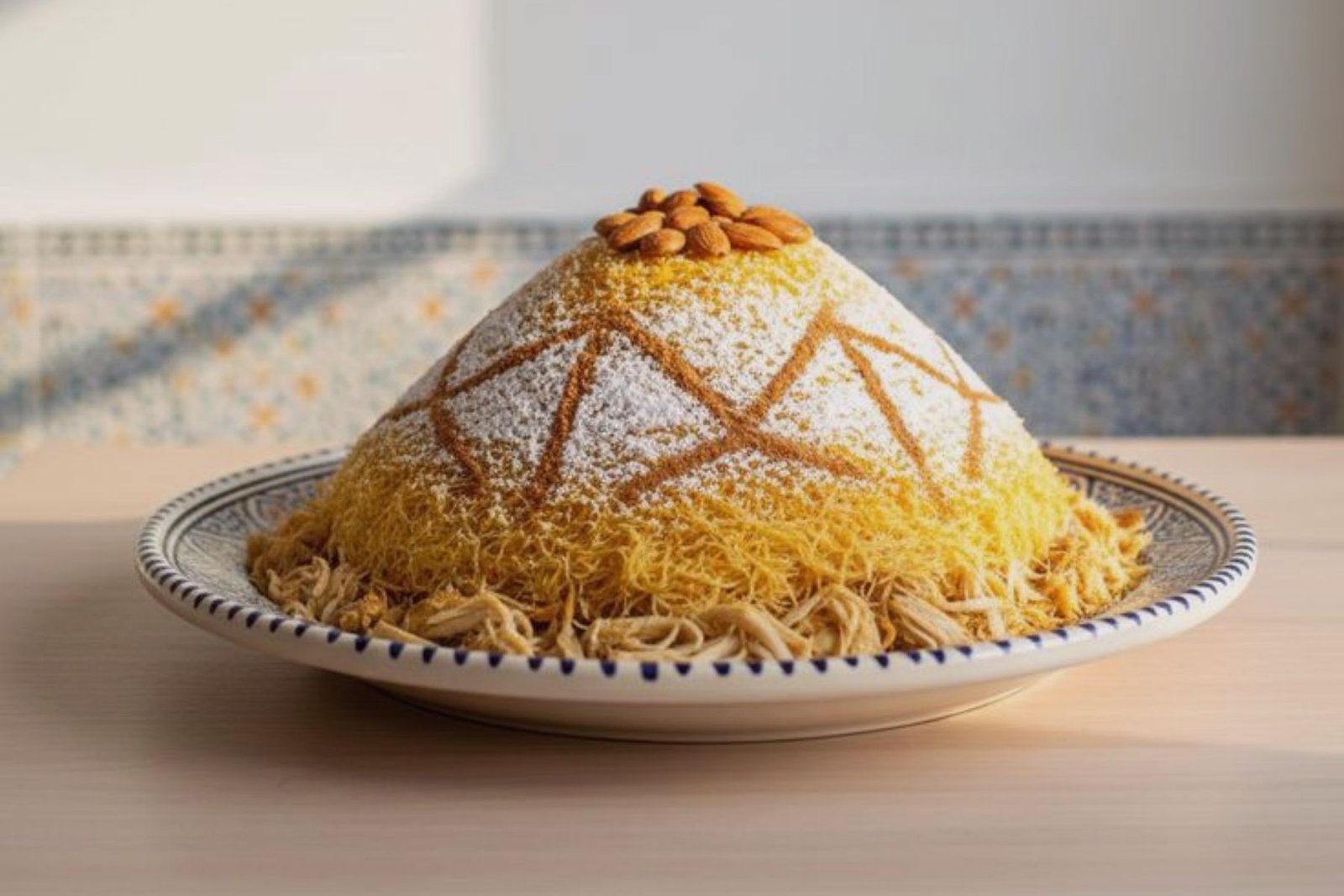 Seffa marocaine traditionnelle dressée en dôme avec sucre glace, cannelle et amandes